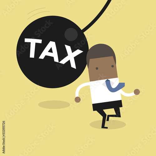 African businessman running away from huge pendulum with message 'tax', financial crisis in tax burden concept.