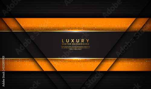 Abstract luxury black and orange background overlap layer on dark space with golden lines for cover, banner, brochure, landing page, or flyer elements. Texture with glitters dots element decoration