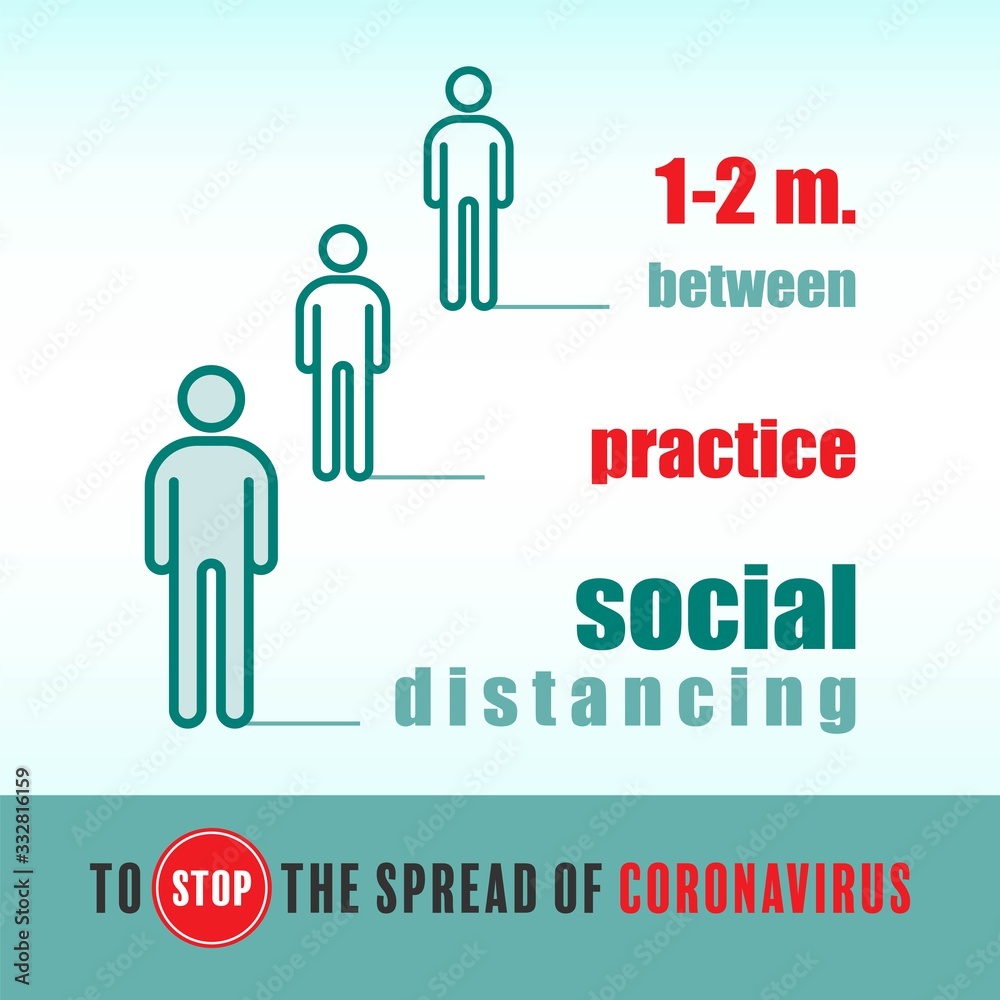 1-2m. between practice social distancing, to stop the spread of coronavirus. Vector illustration outline flat design style.