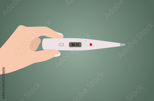 Major equipment to cope Corona virus or Covid-19 virus, hand is hold thermometer at a high temperature of 38.75 degrees, the risk of corona virus or Covid-19 virus.