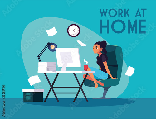 woman freelancer working remotely from her home, work at home