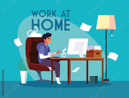man freelancer working remotely from her home, work at home