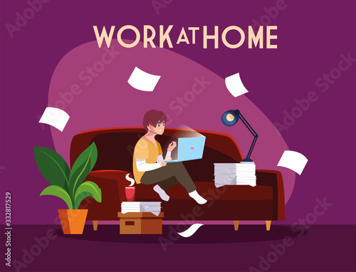 man freelancer working remotely from her home, work at home