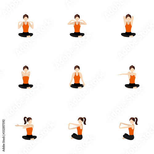 Arms and shoulders stretching asanas set in easy pose/ Illustration stylized woman practicing exercises for hands in sukhasana