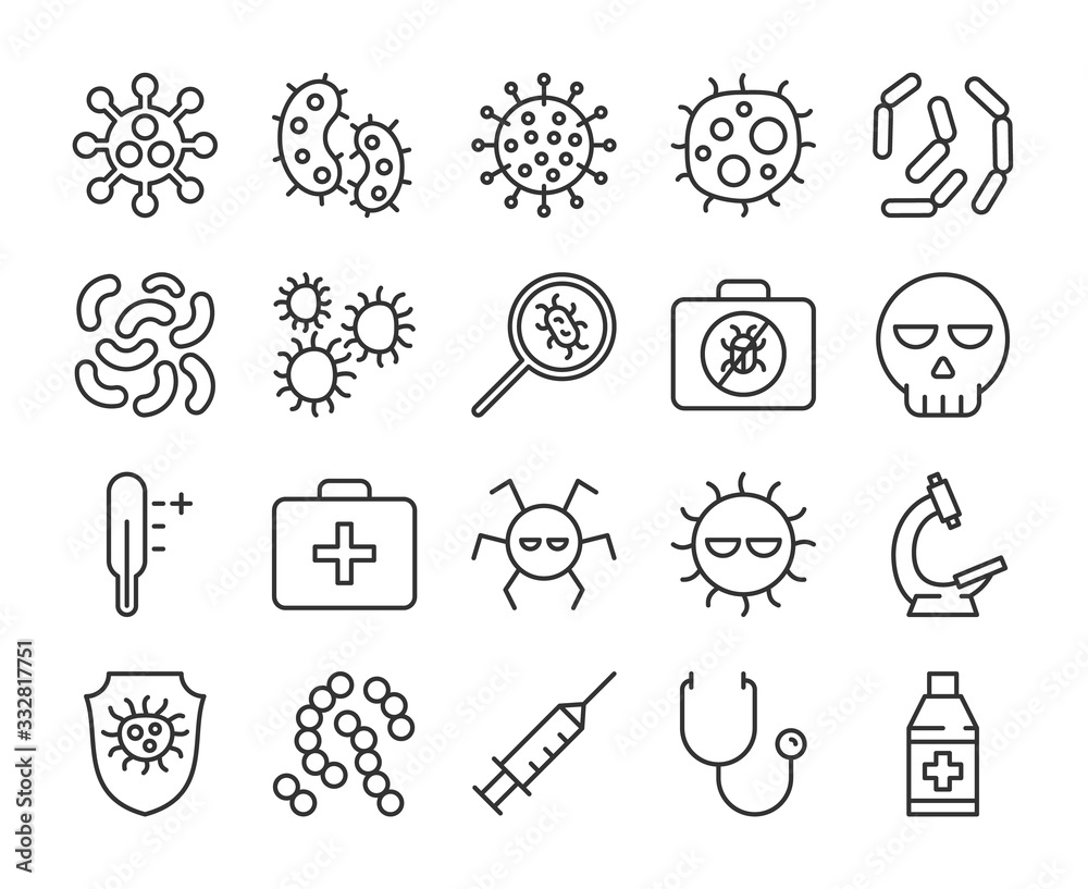 Virus icons. Virus and bacteria line icon set. Vector illustration. Editable stroke. Virus icons. Virus and bacteria line icon set. Vector illustration. Editable stroke.
