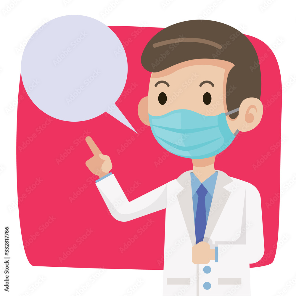 Doctor wearing protective surgical mask for protect against virus Covid-19. Doctor advises public to wear surgical mask to protect against virus and bacteria. - vector character Doctor wearing protective surgical mask for protect against virus Covid-19. Doctor advises public to wear surgical mask to protect against virus and bacteria. - vector character