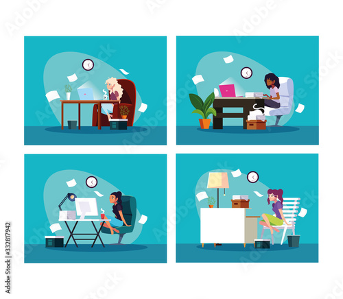 set of cards with women work at home