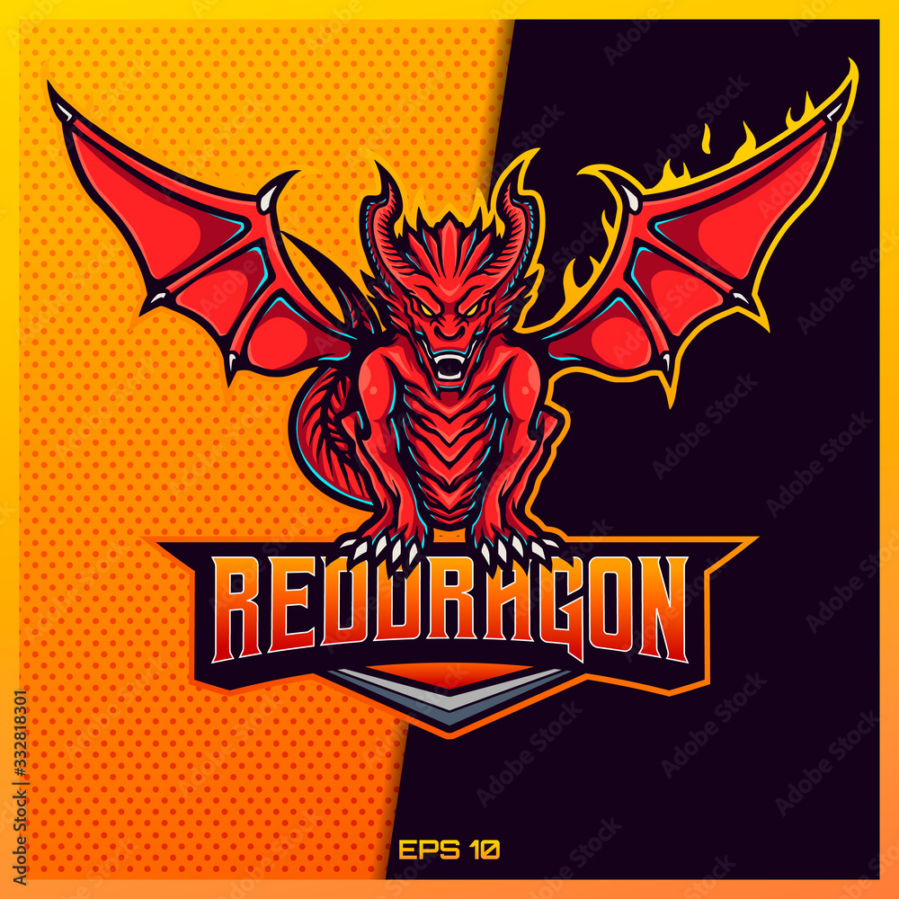 Red Western esport and sport mascot logo design in modern illustration concept for team badge, emblem and thirst printing. Red Western dragon illustration on Red Gold Background. Vector illustration