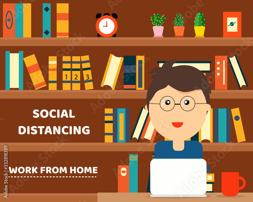 COVID-19 CRISIS: Work from home, Social Distancing concept. Young man is meeting with his companions by video conference at his home. Cartoon vector style for your design.