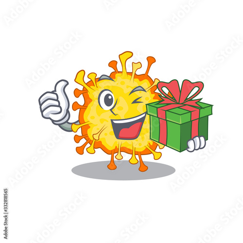 Smiley minacovirus cartoon character having a gift box