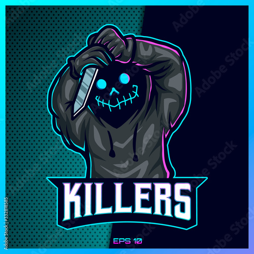 Hood reaper glow color esport and sport mascot logo design in modern illustration concept for team badge, emblem and thirst printing. Jack illustration on Light Blue Background. Vector illustration