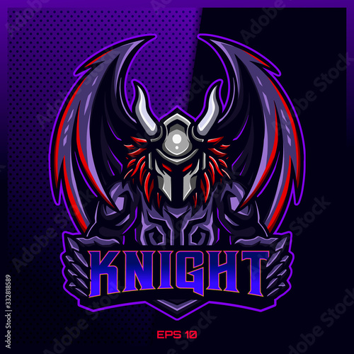 Dark knight evil esport and sport mascot logo design in modern illustration concept for team badge, emblem and thirst printing. reaper wings illustration on Dark Purple Background. Vector illustration