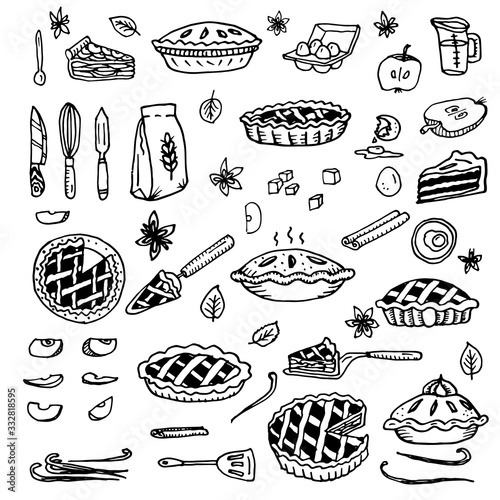 American apple pie. Ingredients, knife for peeling vegetables, flour, spatulas, shovels, spoons, vanilla sticks, kitchen utensils, dishes, loose spices. Doodle vector illustration all objects isolated