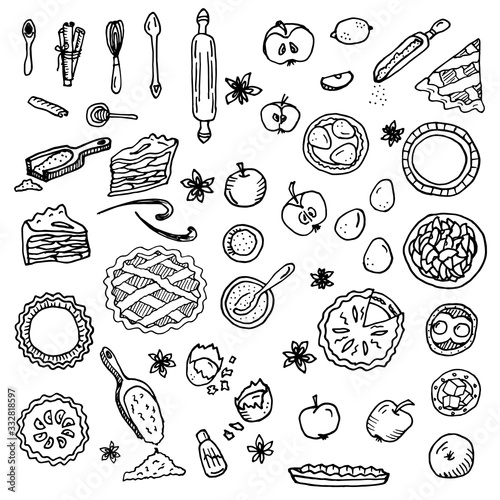 American apple pie. Ingredients for apple pie: rolling pin, spatulas for spices, kitchen utensils, dishes, loose spices. Doodle black and white vector illustration all objects isolated