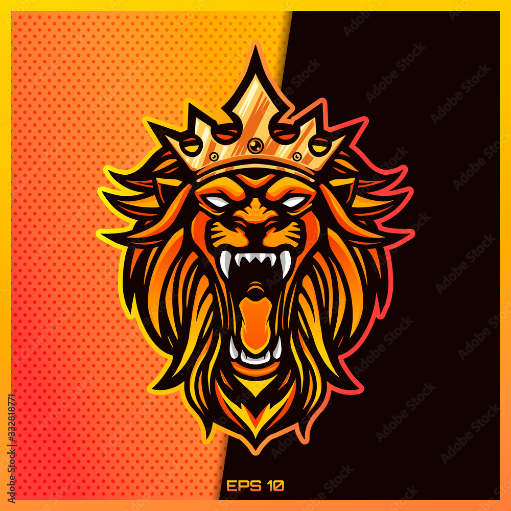Angry brown lion roar text esport and sport mascot logo design in modern illustration concept for team badge emblem and thirst printing.Crown illustration on Brown Gold Background. Vector illustration