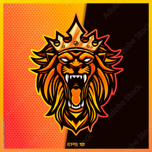 Angry brown lion roar text esport and sport mascot logo design in modern illustration concept for team badge emblem and thirst printing.Crown illustration on Brown Gold Background. Vector illustration