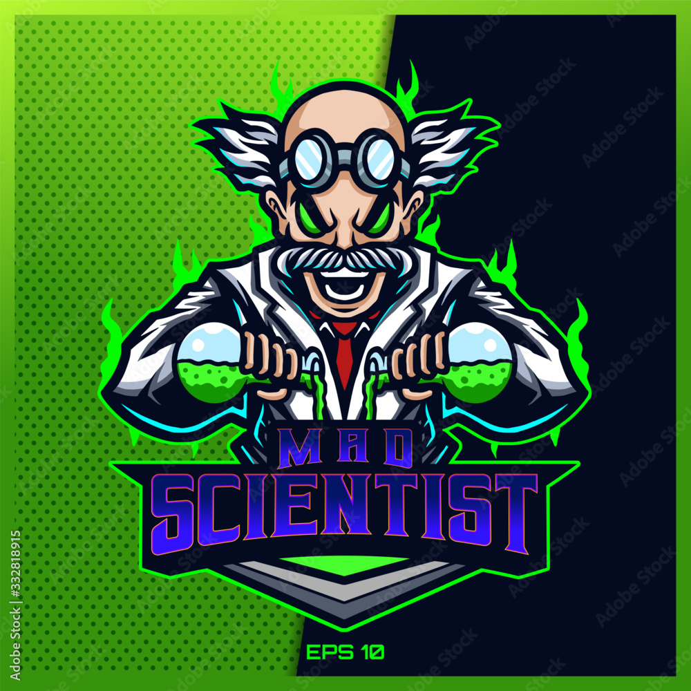 Crazy Doctor Scientist esport and sport mascot logo design in modern illustration concept for team badge, emblem and thirst printing. Mad illustration on Light Green Background. Vector illustration