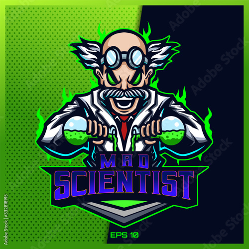 Crazy Doctor Scientist esport and sport mascot logo design in modern illustration concept for team badge  emblem and thirst printing. Mad illustration on Light Green Background. Vector illustration