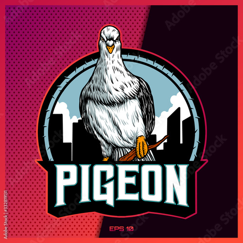 White Pigeon grab text esport and sport mascot logo design in modern illustration concept for team badge, emblem and thirst printing.Pigeon illustration on Pink Purple Background. Vector illustration