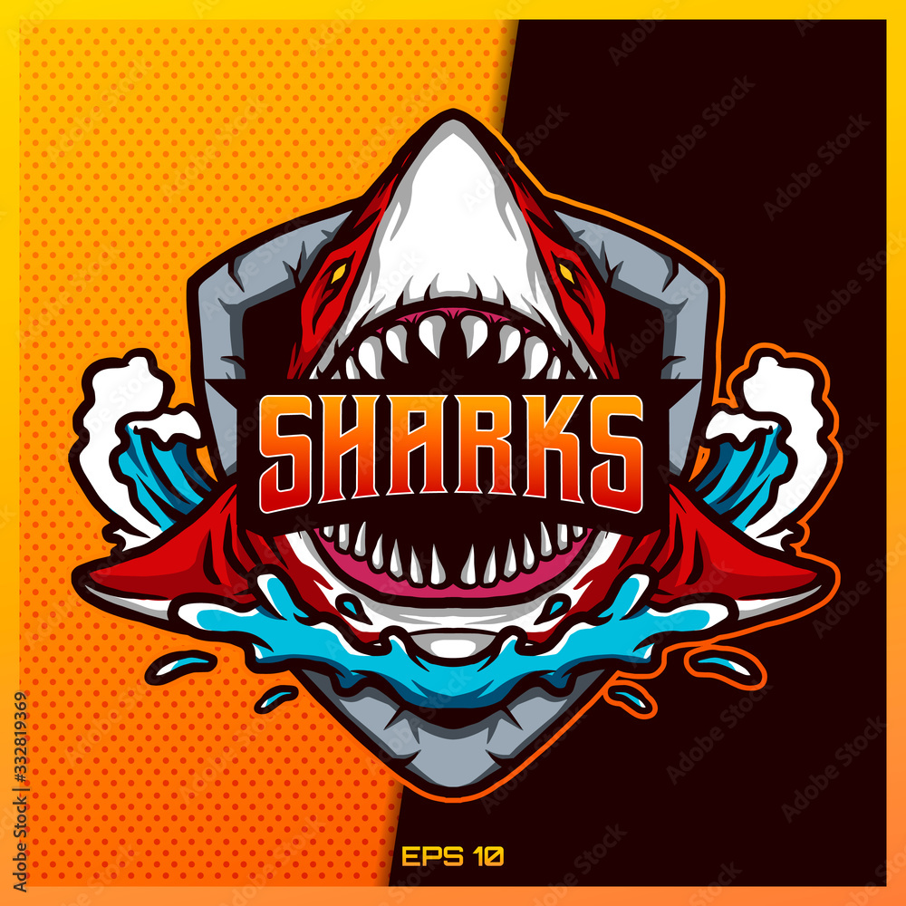 Red Shark bit text roaring esport and sport mascot logo design in ...