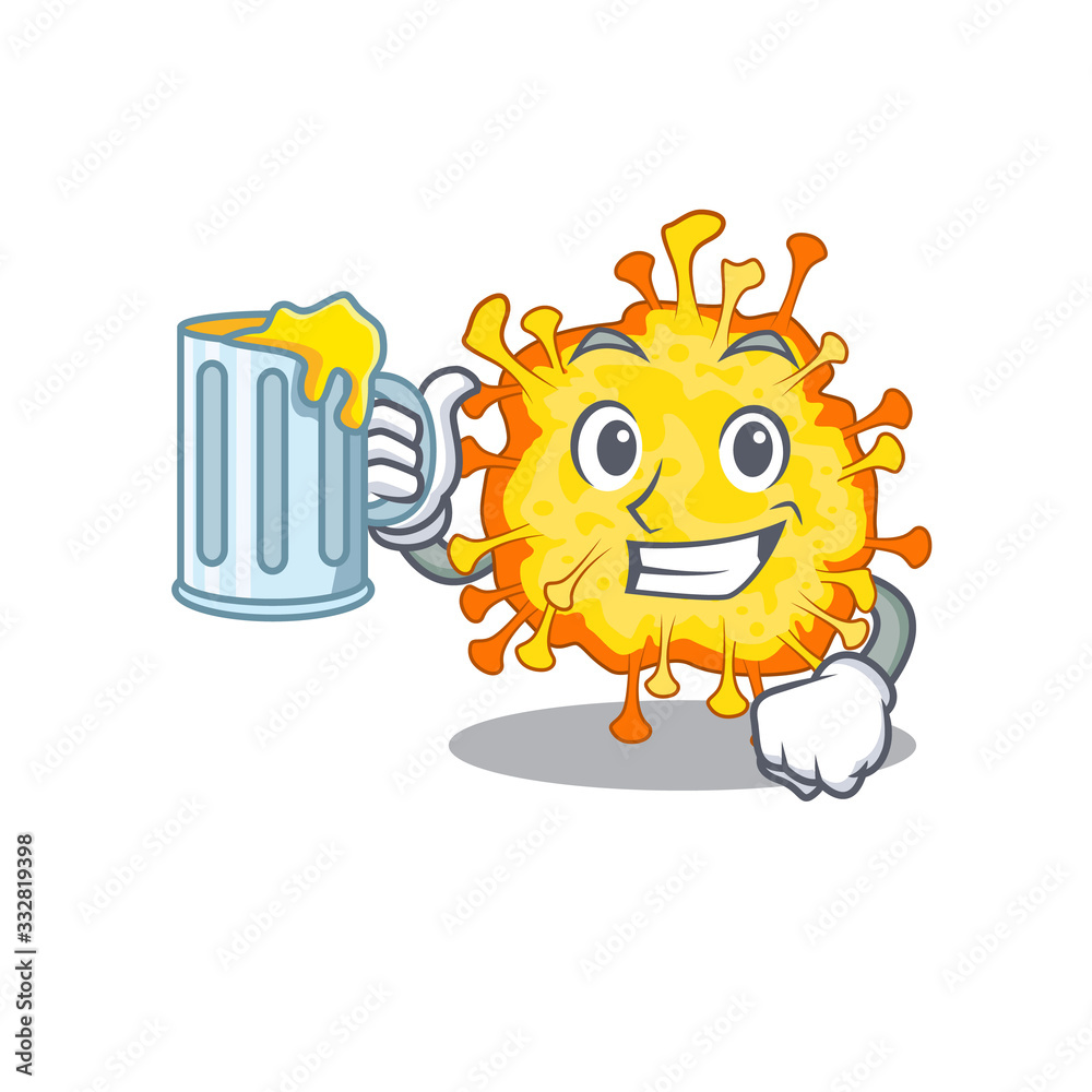 Fototapeta premium Cheerful minacovirus mascot design with a glass of beer
