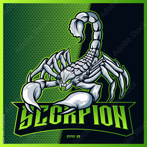 White Scorpion grab text esport and sport mascot logo design in modern illustration concept for team badge, emblem and thirst printing. Scorpion illustration on Green Background. Vector illustration