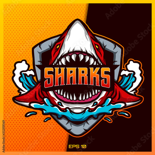 Red Shark bit text roaring esport and sport mascot logo design in modern illustration concept for team badge emblem and thirst printing. Shark roar illustration on Gold Background. Vector illustration