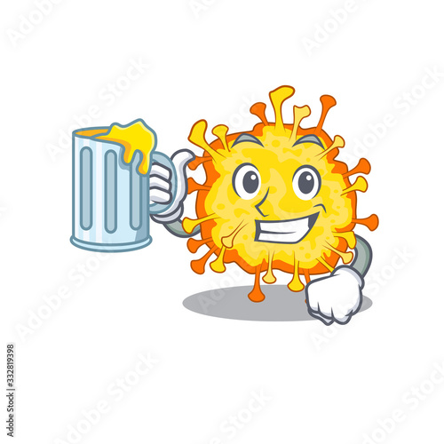 Cheerful minacovirus mascot design with a glass of beer
