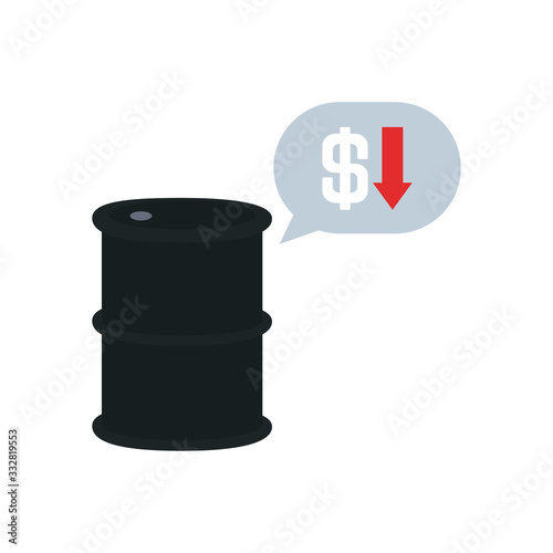 oil barrel with speech bubble with money symbol and arrow down icon, flat style