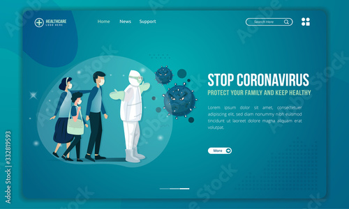 Medical team try to stop Coronavirus, Protect families illustration on landing page