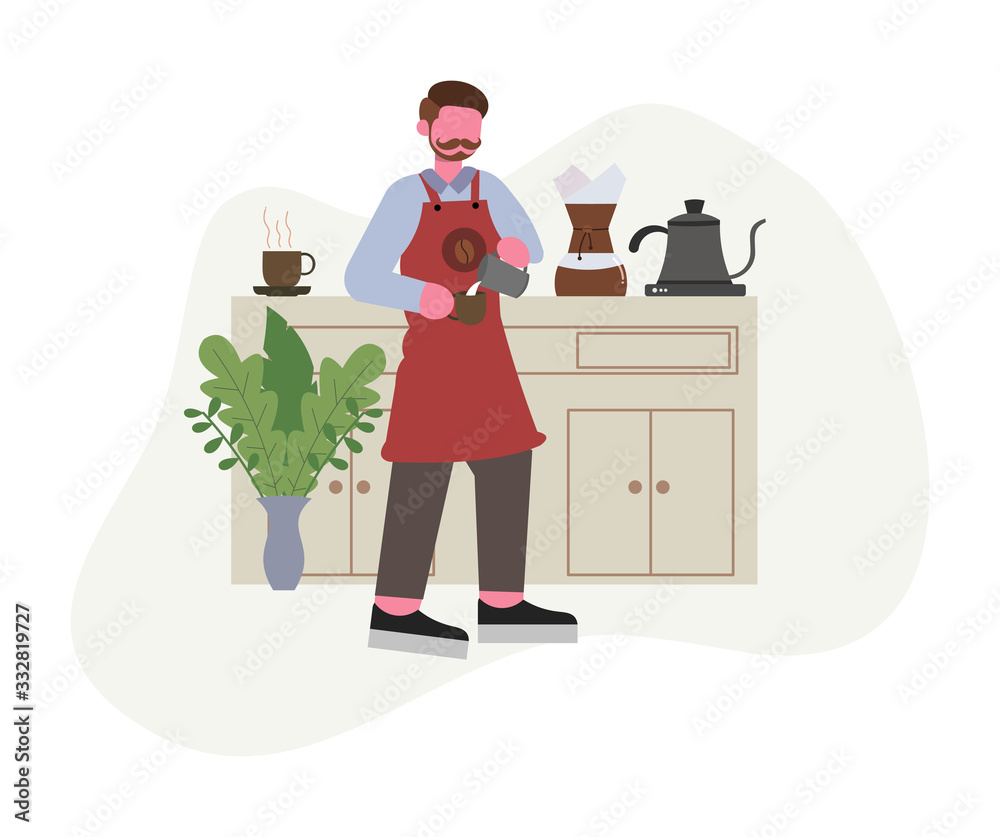 Coffee barista standing making coffee flat illustration