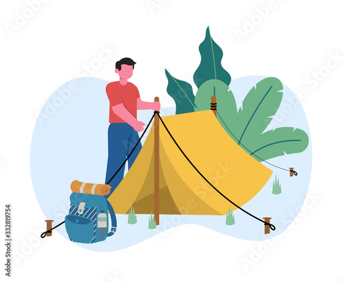 young man was set up tent with plant background Vector flat design illustration