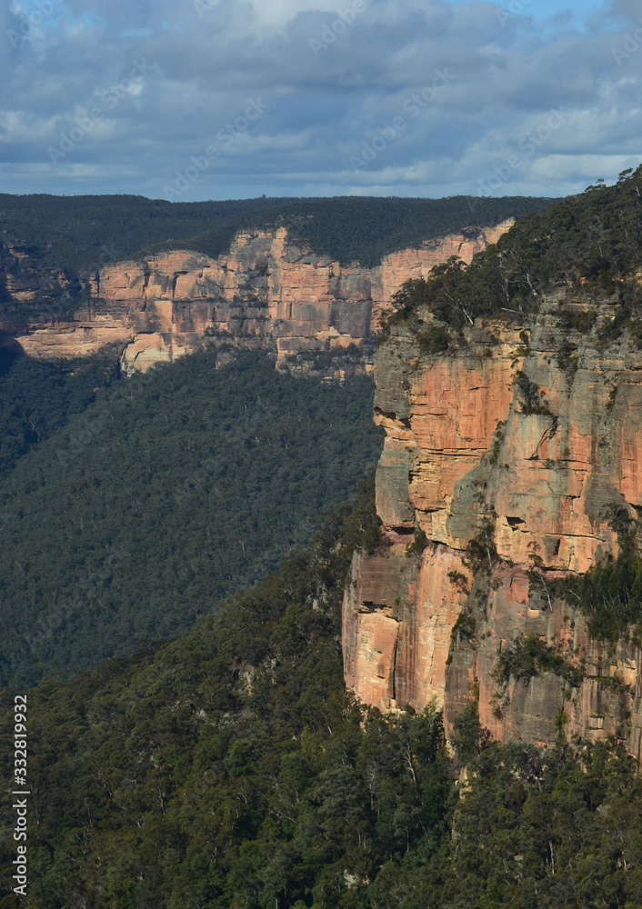 Sandstone cliffs rise above a valley filled with forest in the Blue Mountains, Australia. Trees cover the top of the cliffs. The sky is overcast.