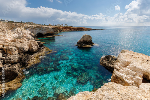 blue lagoons of Cyprus, beautiful turquoise sea, white rocks, bridge of lovers
