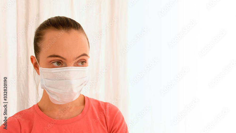 Woman in surgical mask for corona virus prevention on white background Woman in surgical mask for corona virus prevention on white background