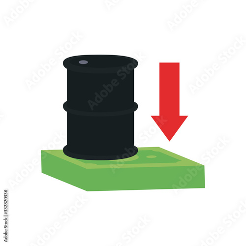 oil barrel and arrow down flat style, the oil crash concept design