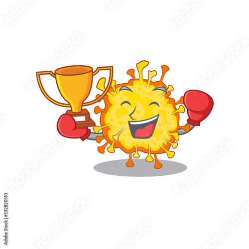 Happy face of boxing winner minacovirus in mascot design style