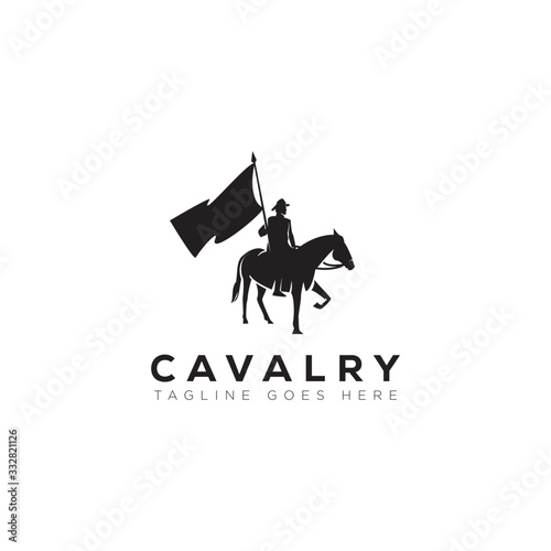 cavalry logo, with man, flag and horse vector Fototapet