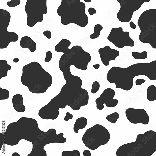 Cow skin texture, black and white spot repeated seamless pattern. Animal print dalmatian dog stains. Vector