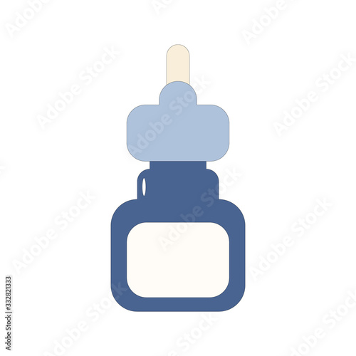 Blue medical glass bottle with dropper. Vial of nasal drops, medicinal remedy for runny nose. Coronavirus COVID-19 treatment. Vector illustration isolated on white background. Drugs. Medicine. 