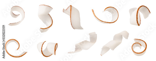 Coconut shavings curl pieces set isolated on white background as package design detail