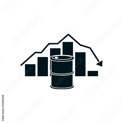 oil barrel and graphic bar chart with arrow down icon, silhouette style