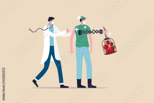COVID-19 Coronavirus treatments, vaccine or medicine to heal and get patient recovered concept, doctor inject syringe of COVID-19 vaccine to patient, effect of recovery and lockdown all virus pathogen