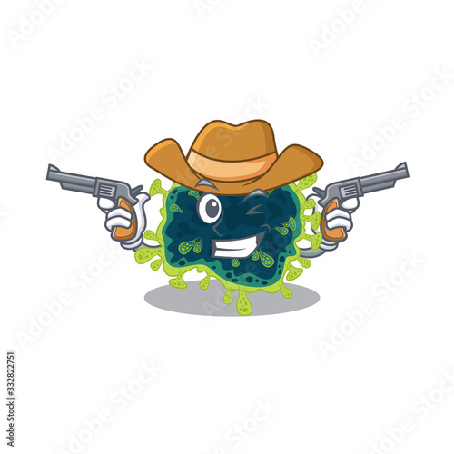 Funny beta coronavirus as a cowboy cartoon character holding guns