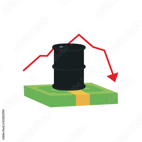 wad of money and oil barrel with decrease financial arrow icon, flat style