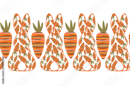 .Easter bunny silhouette (back view) and striped carrots. Vector seamless border pattern. Easter design.
