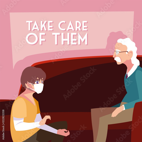 young man take care of old man, label take care of them