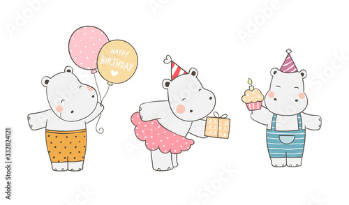Draw hippopotamus with cupcake gift and balloon for birthday.