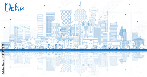 Outline Doha Qatar City Skyline with Blue Buildings and Reflections.