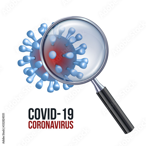 illustration of a corona virus seen with a magnifying glass